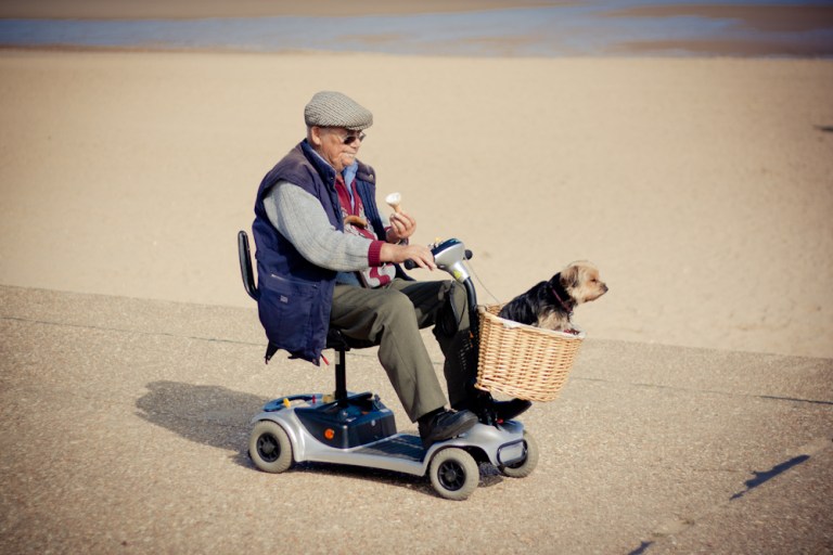 OAP & terrier on a disability scooter